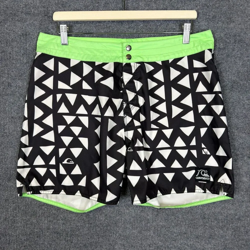 Quiksilver Mens Board Shorts Size 34 Black Neon Green Geometric Swim Trunks Surf